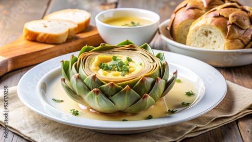 Freshly steamed artichoke served with a tangy vinaigrette sauce, crusty baguette, and creamy butter on a pristine white plate against a soft light background.