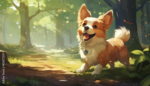 An illustration of a friendly dog playing fetch in a park