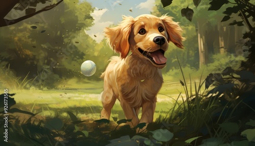 An illustration of a friendly dog playing fetch in a park