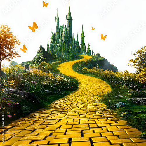 enchanted yellow brick road leading to magical emerald city in springtime , fantasy, oz, magicians isolated on white background, space for captions, png