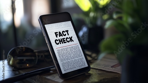 Smartphone displaying 'fact check' text, emphasizing the importance of verifying information.