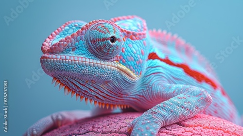 Colorful chameleon resting on a textured surface against a blue background