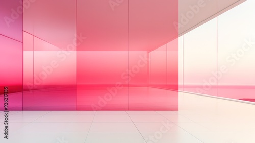 A side view of an elegant glass wall with a gradient of colors from deep red to light pink. The design incorporates a smooth,