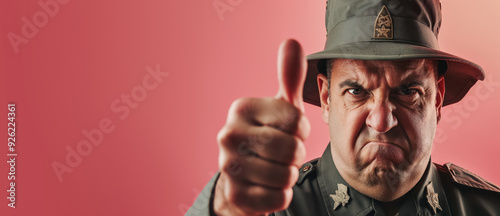 Drill sergeant or instructor, man in military uniform, showing reluctantly approving thumb up. Banner empty copy space on side. Generative AI