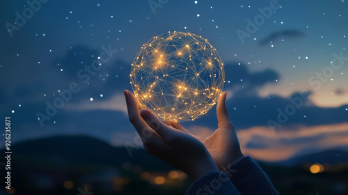 Abstract science concept featuring a global network connection represented by a circle, with hands holding it against a night sky background, in a soft focus and blue tone.