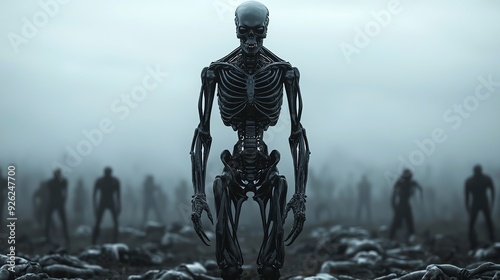 Alien warrior standing triumphant over a battlefield of fallen humans, symbolizing extraterrestrial dominance and victory