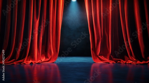 A red curtain is open to reveal a stage