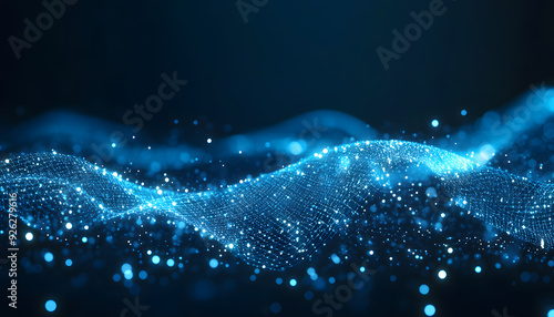 Digital data graph background with a polygon mesh and glowing dots, an AI technology concept on a dark blue background