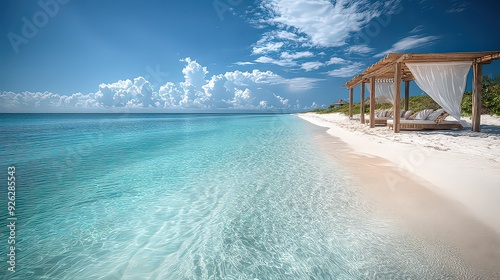 tranquil beach oasis with clear waters, soft white sand, and a small beachside cabana providing shade and comfort.