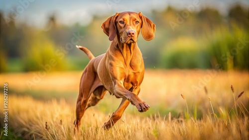 Hungarian pointer hound dog running in a field with a strong and athletic build