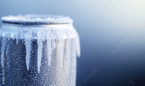 A cold, frosted can with ice crystals and droplets of water, perfect for refreshing beverage imagery.