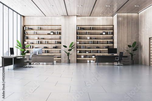 Modern, empty office space with wooden shelves and desks. 3D Rendering