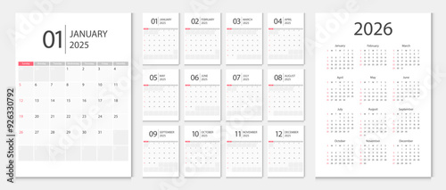 Calendar 2025, calendar 2026 week start Sunday corporate design template vector. Desk calendar 2025