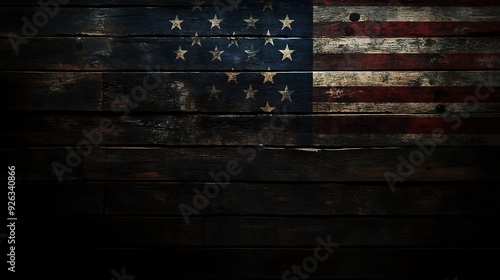 A faded American flag painted onto a dark wooden surface, with horizontal planks, showing red and white stripes and white stars.