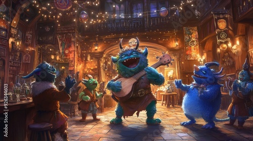 A cute monster bard singing in a medieval tavern with other monsters clapping and dancing around