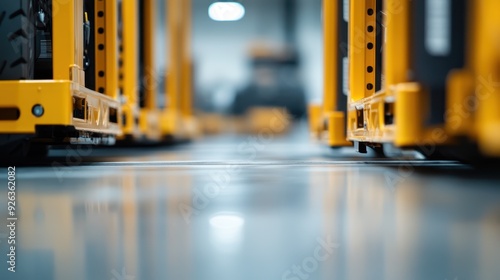 A meticulously organized warehouse aisle featuring vibrant yellow wheeled machinery arranged in parallel lines, reflecting light off the pristine floor surface.