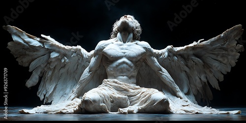 A majestic statue of an angelic figure with large wings, seated on the ground, looking upwards, ideal for themes of spirituality, strength, or artistic inspiration,