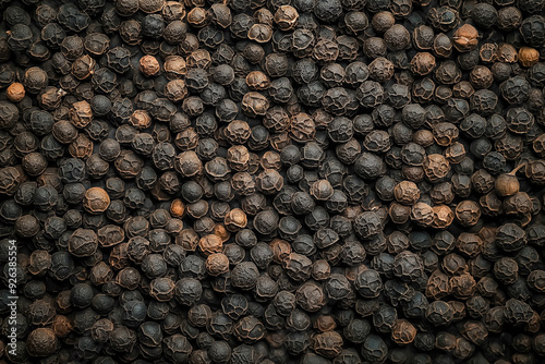 Full-frame close-up of black peppercorns showcasing texture, spices, and culinary ingredient concept