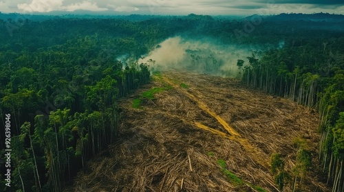 Clear-cut land in the Amazon rainforest shows signs of deforestation, with smoke rising from the affected area