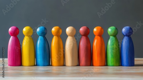 Colorful wooden people arranged in a row, representing a crowd concept in an abstract style influenced by various artists.