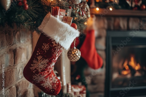 Artistic close-up of a festive Christmas stocking hanging by a cozy fireplace adorned with holiday decorations