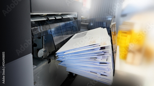 An enveloping machine at the lettershop prepares and processes letters and mailings for the post office or print shop. Print sorted with spine. Lettershop or bookbinder manufacture. 