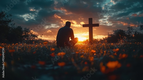 Silhouette of man kneeling near the wooden Christian cross during a sunset. Spiritual moment of prayer and reflection, peaceful surroundings, dramatic sky with warm colors.