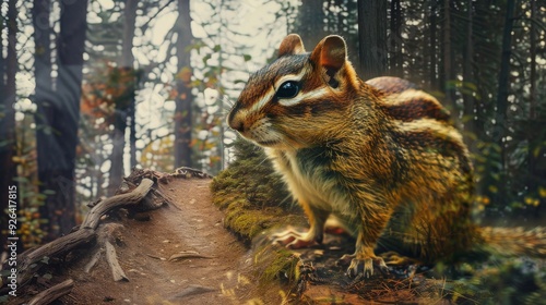 Cute wild chipmunk in the forest.