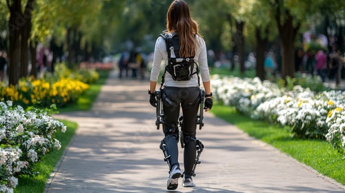 Robotic exoskeleton assisting walking in park