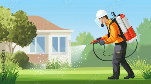 Pest control worker spraying pesticide on green lawn for effective outdoor pest management