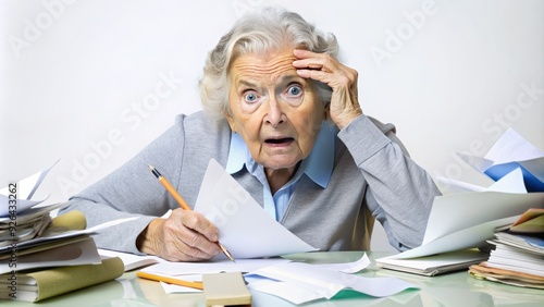 A bewildered senior citizen with a puzzled expression scratches his head, surrounded by scattered papers and pens, conveying a sense of overwhelm and disorientation.