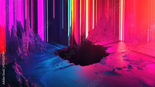 Modern art background featuring a sinkhole with vibrant neon stripes and techno theme. Ideal for advertisements, website banners, and unique product package designs.