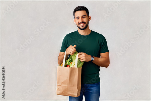 Smiling young man holding groceries vegetable shopping bag standing isolate on trasparency background PNG