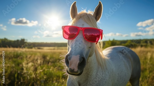 A stylish horse wearing bright red sunglasses, posing playfully in a sunny field.