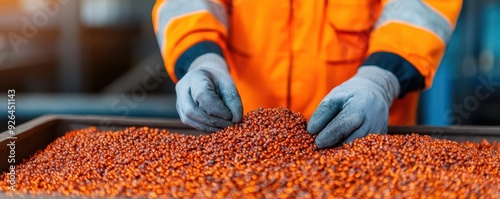 A closeup of a worker checking the quality of raw materials like iron ore or bauxite in a factory