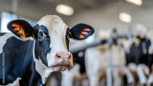 A modern dairy farm with cows being milked by automated machines, Dairy Production, showcasing the industrial process of producing a staple commodity