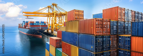 A shipyard filled with stacked containers, ready to be loaded onto cargo ships, Port Logistics, showcasing the scale of global trade infrastructure