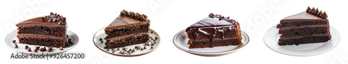 Delicious slice of chocolate cake with rich frosting on a white plate isolated on a transparent background PNG image