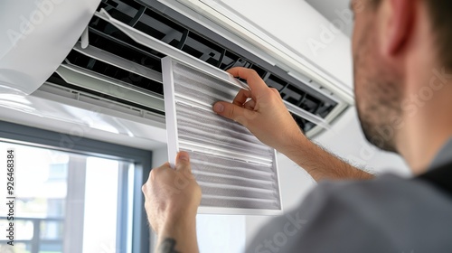 A man changing air filters in his HVAC system split system