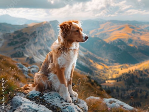 A dog sits quietly on a rock overlooking a beautiful mountain landscape during sunset