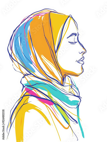 Artistic line drawing of a cheerful woman in a colorful headscarf