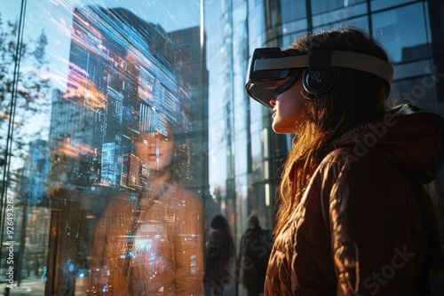 A person in a modern urban environment engaging with a holographic partner through an advanced communication device. The partner appears as a fully realized projection, reflecting the possibilities