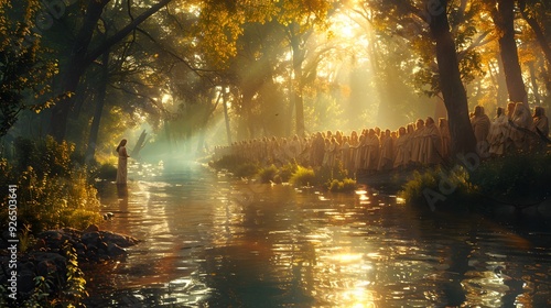 John baptizing Jesus in a peaceful river, crowd of onlookers on the riverbank, sunlight breaking through the canopy, casting divine light, clear water reflecting the scene, lush forest backdrop,