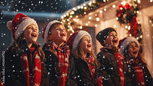 Group of children singing Christmas carols in the snow, wearing Santa hats and scarves, enjoying festive holiday season at night.