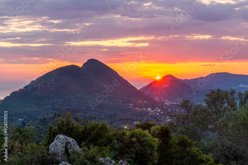 Sunset view from Kaiser's Throne viewpoint on the island of Corfu