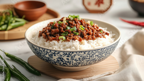 White rice with brown meat sauce. Chinese traditional festival food theme