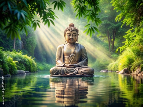 Serenity abounds in this imaginative illustration of a tranquil Buddha statue surrounded by lush greenery and gentle water, evoking feelings of calm and contemplation.