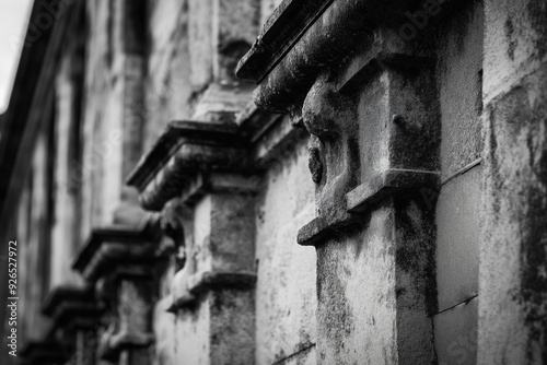 The image is a black and white photo of a building with stone pillars