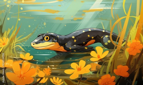 A salamander slinking subtly flat design top view swamp theme animation Complementary Color Scheme