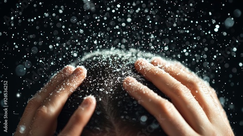 A closeup of a person s head, flakes visible on dark hair, fingers scratching through the scalp